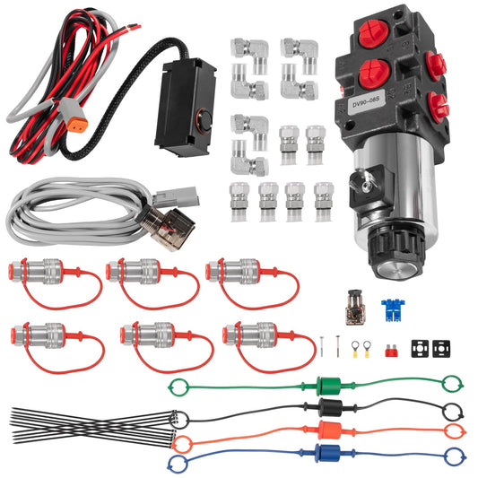 24 GPM Hydraulic Multiplier Diverter Selector Solenoid Valve, 6 Port, 3625 Max PSI, 12VDC, with Switch, Extension Harness, Ag Coupler Adapters For Most Tractors, Up To 3 Additional Functions