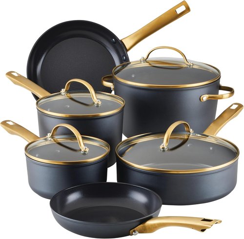 Farberware Forged Induction Ceramic Nonstick Cookware Set - 12 Piece, Dishwasher Safe, Black & Gold