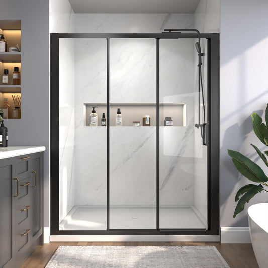 56"-60" W x 70" H Tri-Fold Sliding Shower Door, 1/4" (6mm) Clear SGCC Tempered Glass Shower Door with Easy-Clean Coating, 32 1/8" Walk-in, No-Cutting Adjustment, Reversible Installation, Matte Black