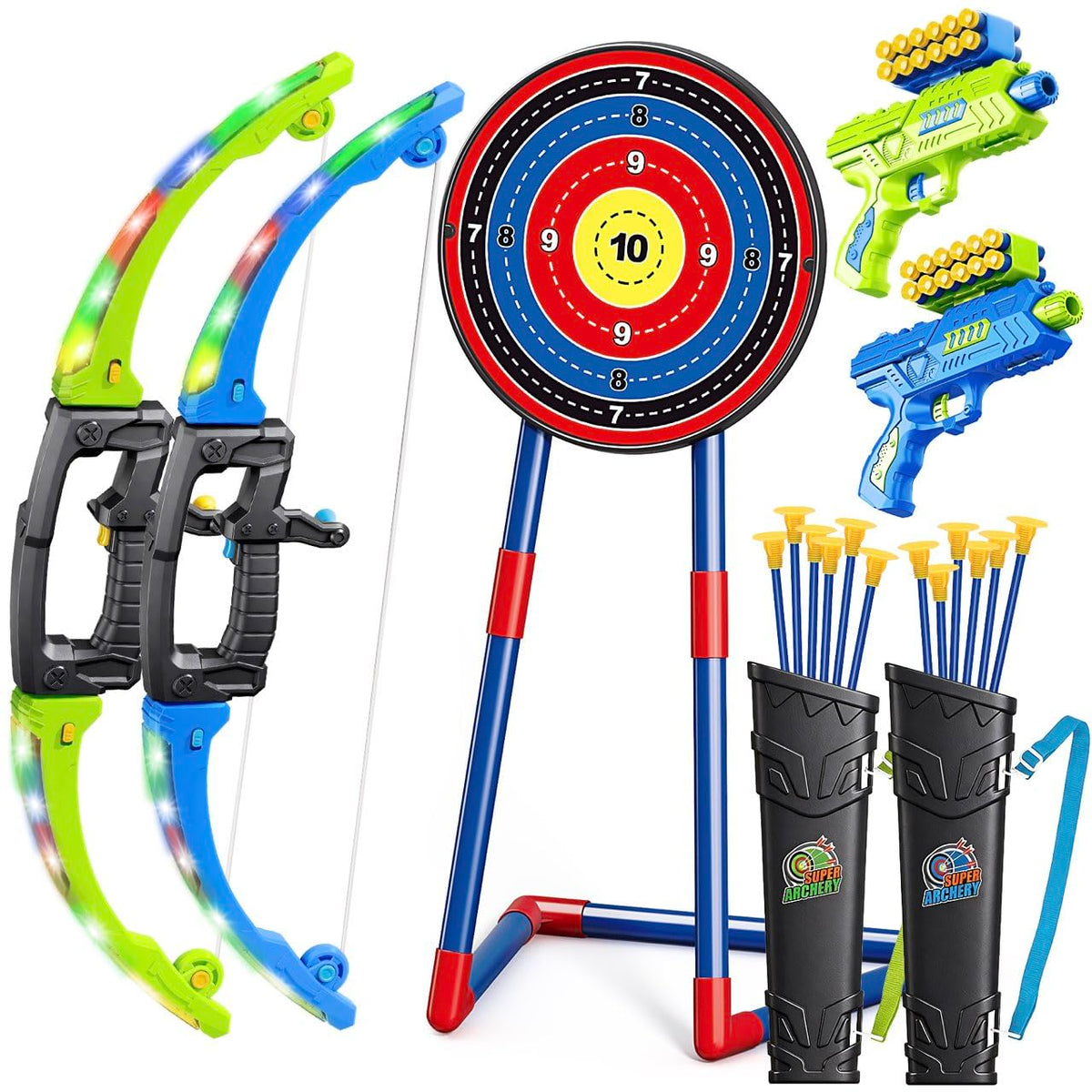 polokping 2 Pack Bow and Arrow Toy for 5 6 7 8 9 10+ Year Old Boys, Ideal Gift for Kids, Indoor Outdoor Shooting Game Toy for Ages 4-8 8-12, LED Light Up Archery Set with 12 Suction Cup Arrows