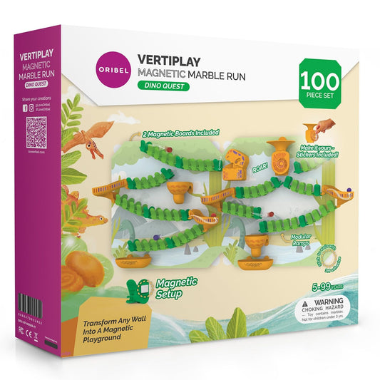 Oribel VertiPlay Magnetic Marble Run | 100 pcs STEM Toy, Dino Quest Edition | 2 Magnetic Play Boards | Wall Toy for Kids Age 5+ | Magnetic Track-Building Set | Dinosaur-Themed Stick-On Playboard