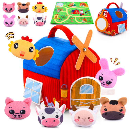 Baby Toys 6-12 Months - Soft Barn with Stuffed Farm Animals, Rattles, Textures, Mirror, Play mat - Toddler Toys Sensory Toy Montessori Toy for Babies 6-12 Months, 1 Year Old Boys Girls Baby Gifts