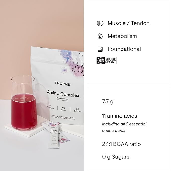 THORNE - Amino Complex - Clinically-Validated EAA and BCAA Powder for Pre or Post-Workout - Promotes Lean Muscle Mass & Energy Production* - NSF Certified for Sport - 30 Servings - 8.15 Oz - Berry