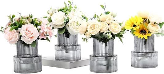 Ribbed Glass Vases, Set of 4 Small Vases for Flowers, Black Glass Vase for Tulips, Modern Vase for Living Room, Kitchen, Office, Entryway, Bookshelf, Wedding Gifts, Birthday, 6 Inches