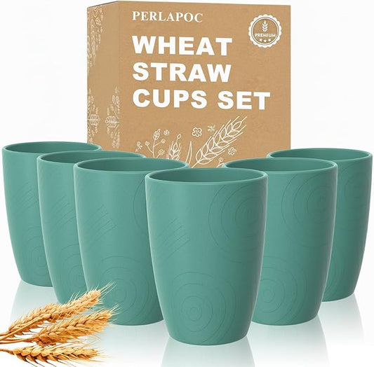 Reusable Wheat Straw Cups 6 PCS, Unbreakable 16 OZ Plastic Cup Alternative, Dishwasher Safe Drinking Glasses for Indoor & Outdoor Use, Green
