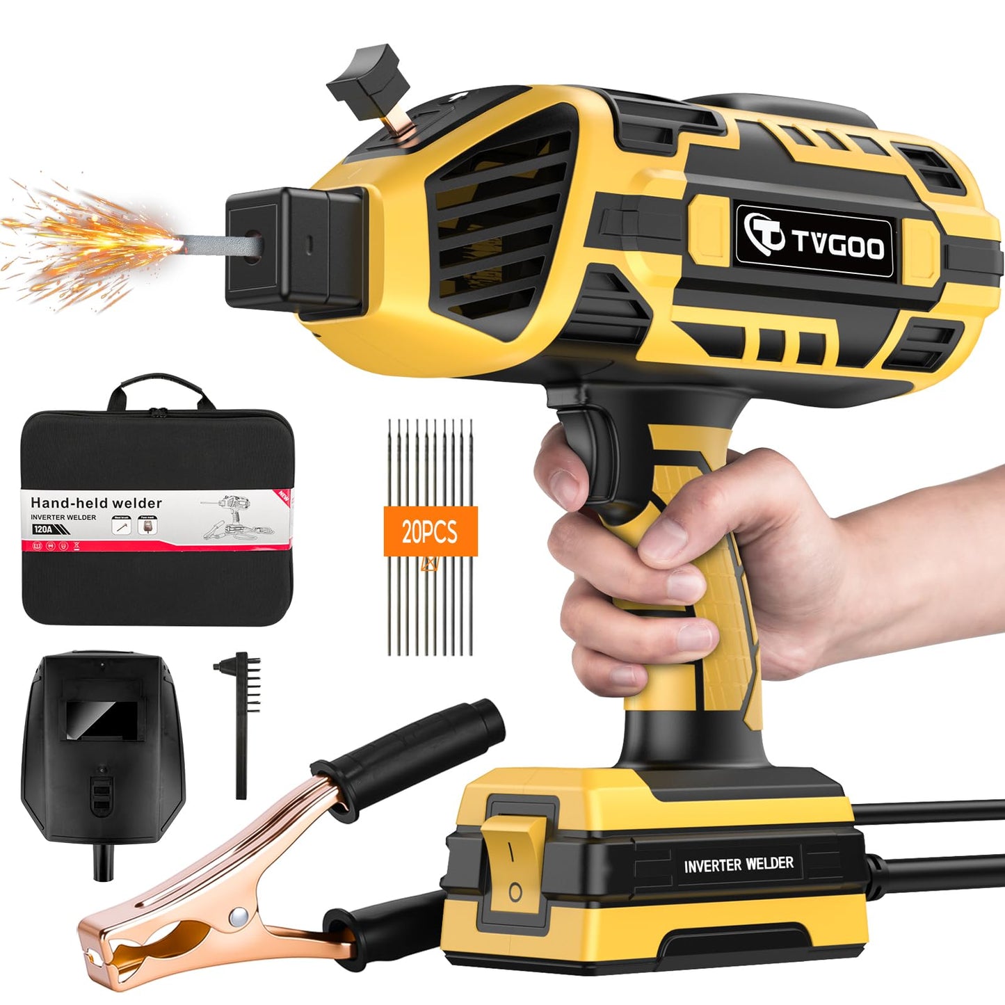 Tvgoo Portable Handheld Welding Machine - 110V IGBT Inverter Handheld Welder, 20-120A Portable ARC Welder with 5 Variable Current Adjustments,Hot Start & Anti-Stick for 3/32"-1/8" Welding Rods(Yellow)