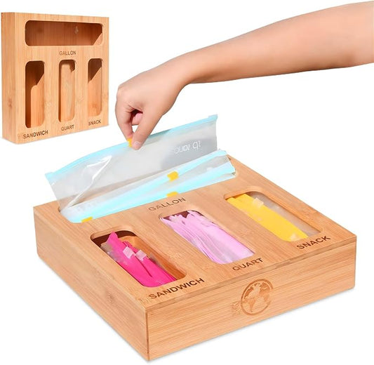 Earth’s Dreams Bamboo Kitchen Drawer Organizer – Resealable Food Storage Bag Holder for Gallon, Quart, Sandwich & Snack Sizes – Eco-Friendly Baggie Organizer for Plastic Storage Bags