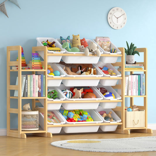 Ratulie Large Toy Storage Organizer Kids Toy Organizer and Bookshelf Combo with 12 Bins and 6 Shelves Toy Organization Box Toy Shelf for Playroom, Bedroom, Nursery
