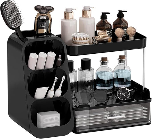 UFORU Makeup Organizer for Vanity with Brush Holder, 2 Tiers Countertop Skincare, Cologne Organizer and Perfume Stand for Men Bathroom Vanity, Large Capacity Makeup Storage, Black