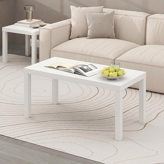 Furinno Classic Coffee Table, Modern Rectangle Coffee Table with 1.8 Inch Thick Tabletop, Side Table for Living Room, Home Office, Plain White