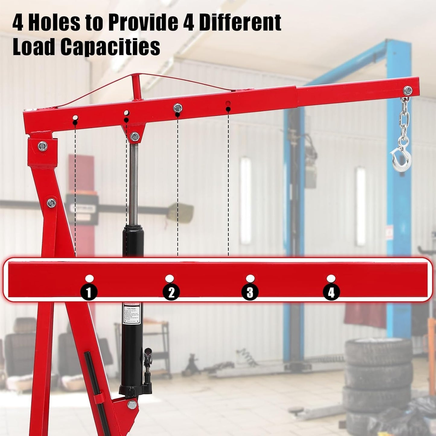 2-Ton Folding Engine Hoist Cherry Picker 4400 Lb Capacity Hydraulic Shop Crane with Telescoping Boom 6 Caster Wheels for Automotive Repair Garage Use Includes Hitch and Storage Stand Red