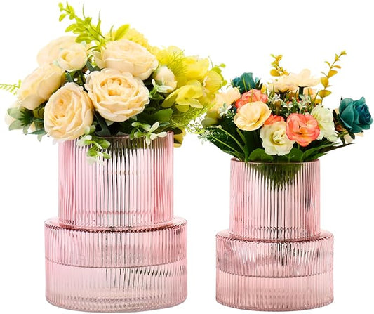 Ribbed Glass Vases for Bouquet, Set of 2 Pink Vases for Flowers, Pink Glass Vase for Tulips, Modern Vase for Living Room, Office, Coffe Table, Dining Table, Shelf, Wedding