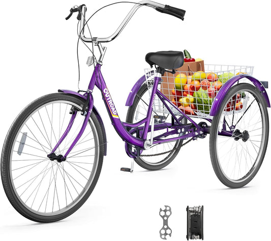 Brightpeak 1 Speed Adult Tricycle, 26 inch Cruiser Trike with Large Basket for Women Men Seniors, 3 Wheel Bike for Outdoor, Shopping, Recreation, Picnic (Purple)