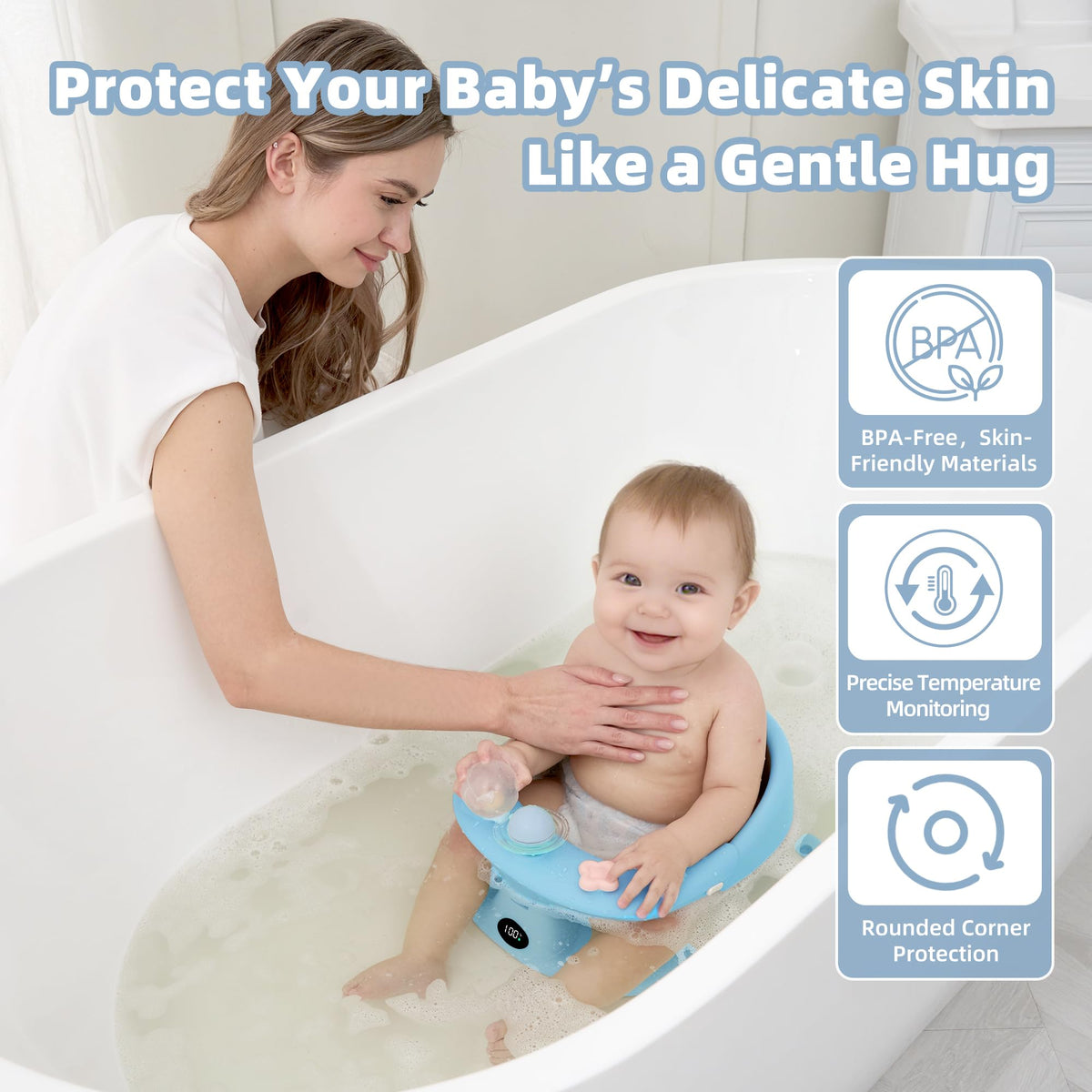 Baby Bath Seat for Babies 6 Months & up with Thermometer, Non-Slip Toddler Bath Seats for Sitting Up, Safe Infant & Newborn Bathtub Chair with 4 Suction Cups, Soft Cushion & Temperature Display, Blue