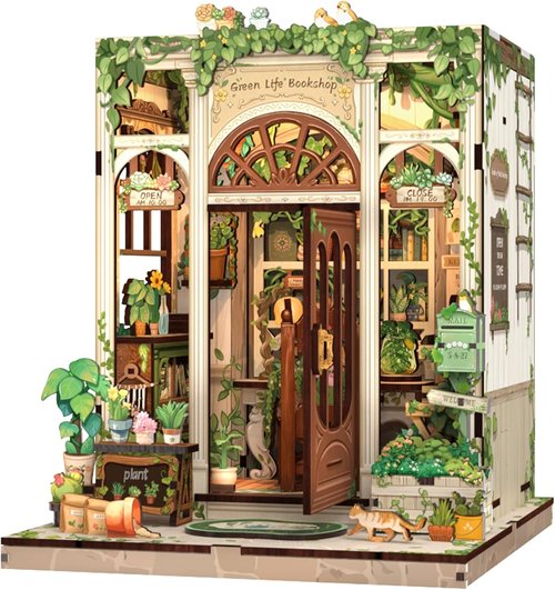 Fsolis Book Nook Kit - 3D Wooden Puzzle for Adults | 196 Pcs DIY Miniature House - Green Life's Bookshop Design
