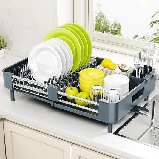 Urackify Stainless Steel Dish Drying Rack - Dish Drainer for Kitchen Counter, Extendable Drainboard with Foldable, Space-Saving Cup & Bowl Organizer, Includes Knife and Utensil Holder, Matte-Green