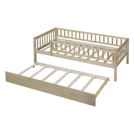 Bellemave Twin Bed Frames with Rails for Kids, Twin daybed Frame with Trundle for Boys/Girls/Adults， Natural