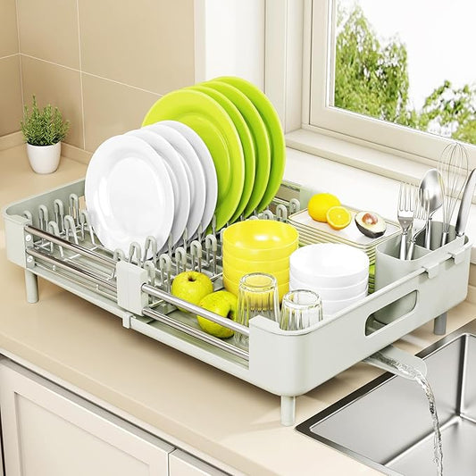 Urackify Extendable Dish Drying Rack, Dual Part Dish Drainers with Non-Scratch and Movable Cutlery Drainer and Drainage Spout, Adjustable Dish Rack for Kitchen, Gray & White