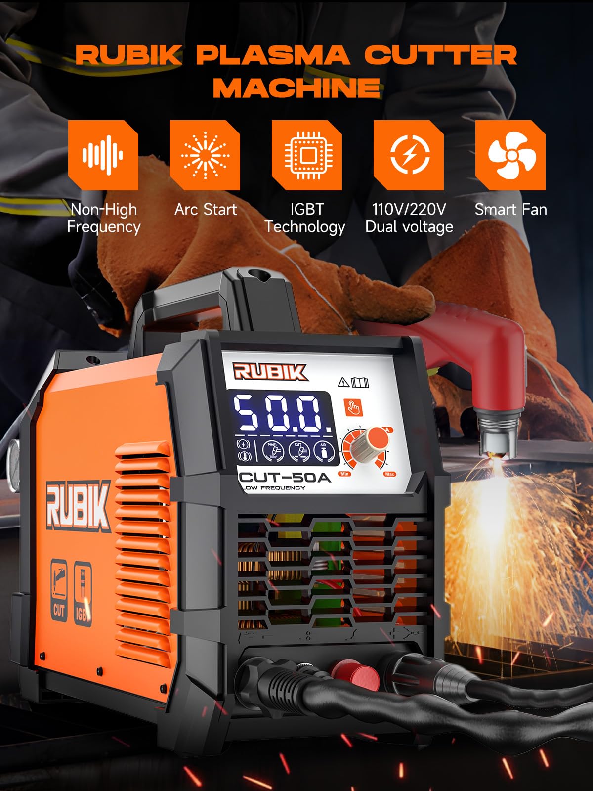 Plasma Cutte 50 Amp, Plasma Cutter Machine 110/220V Dual Voltage 3/4" Max Cutting, 1/2'' Clean Cut, Non-High Frequency Non-Touch Pilot Arc, Large LCD Digital Dispaly, 2T/4T Plasma Cutting Machine