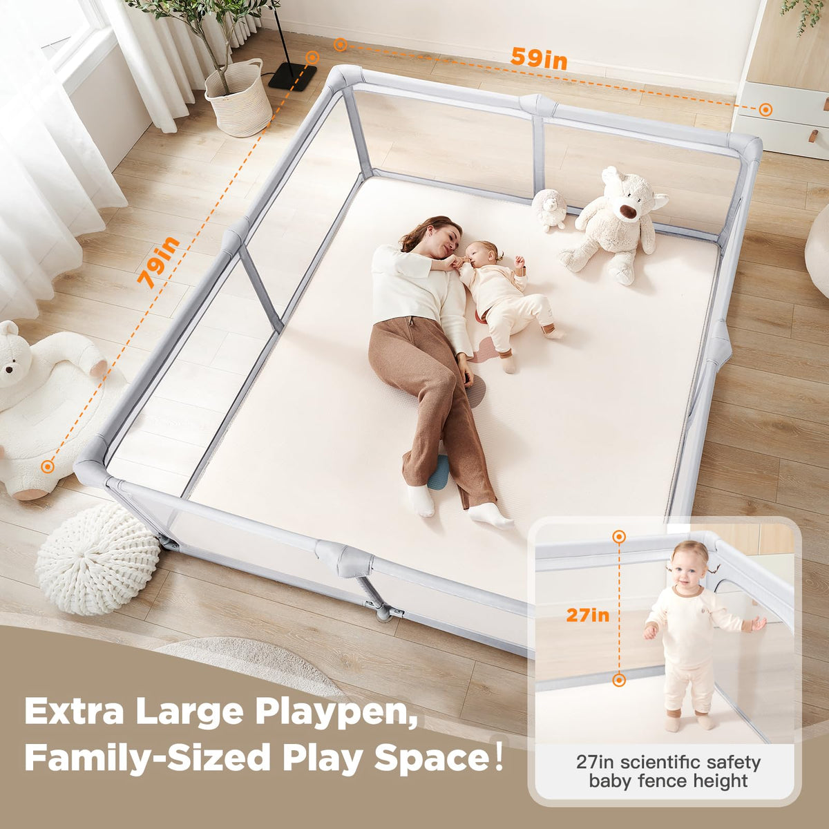 Baby Playpen,79"x59" Foldable Playpen for Babies and Toddlers with Gate,Large Play Pen with Zipper Door,Baby Play Pen Play Area(Light Grey)