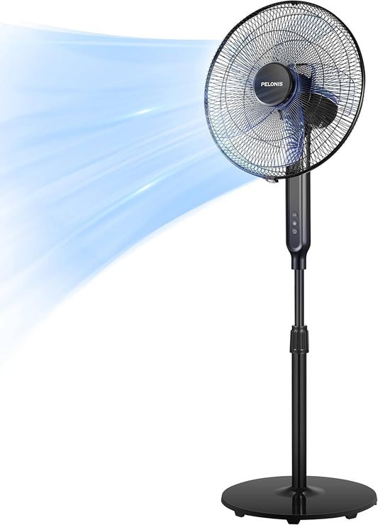 PELONIS 16-Inch Oscillating Pedestal Fan - Ultra Quiet DC Motor, Adjustable Height, Remote Control, 12 Speeds, Black