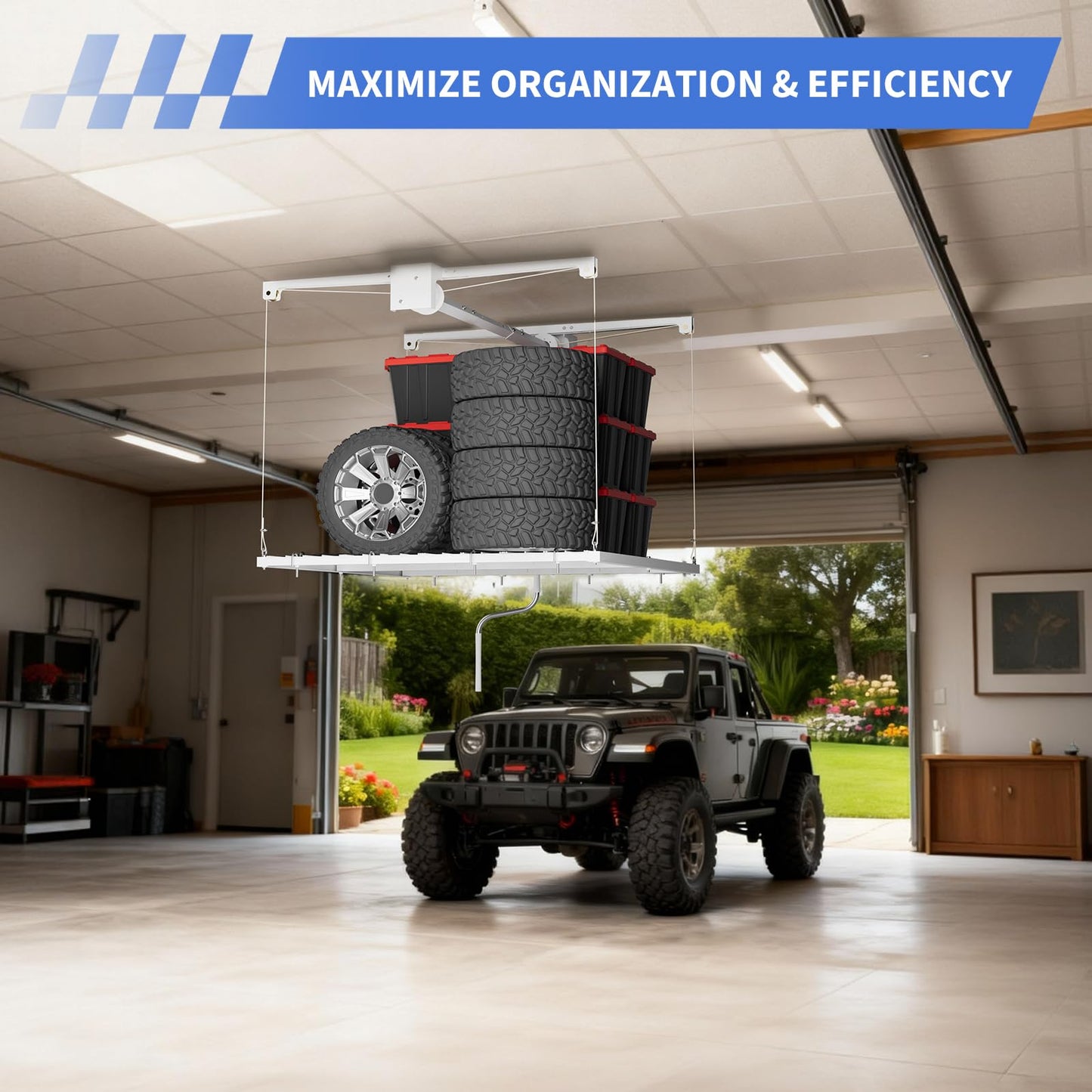 Overhead Garage Lifting Storage Rack, Maximize Your Garage Storage with Our 4x4 Ft Heavy-Duty Ceiling Storage Rack System, Supports 350 lbs, Adjustable & Easy to Install (White 4x4 ft)