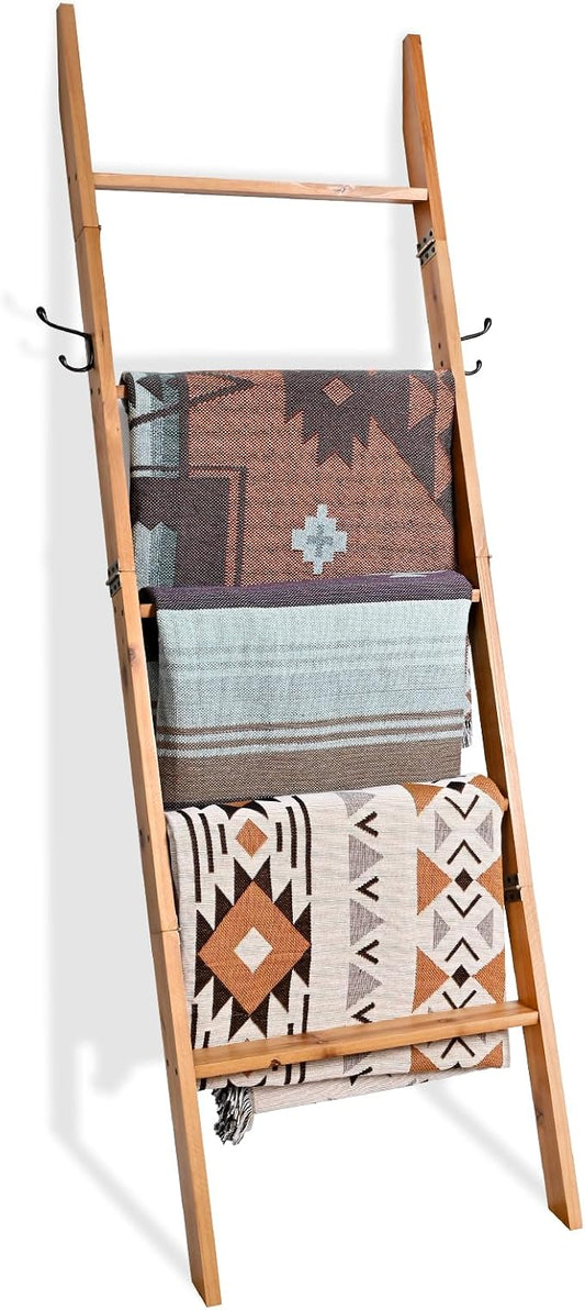 FUIN 58in Blanket Ladder, Wood Towel Ladder, Rustic Decorative Ladder for Blankets, Farmhouse Wooden Quilt Rack for Living Room & Bathroom