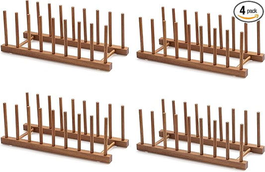 HBlife 4pcs Acacia Wooden Dish Dying Rack Pot Lid Plate Organizer Holder for Cabinet, Cutting Board Stand Drainer Storage Plate Rack for Dish, Pot Lid, Bowl, Cup, Cutting Board and Books