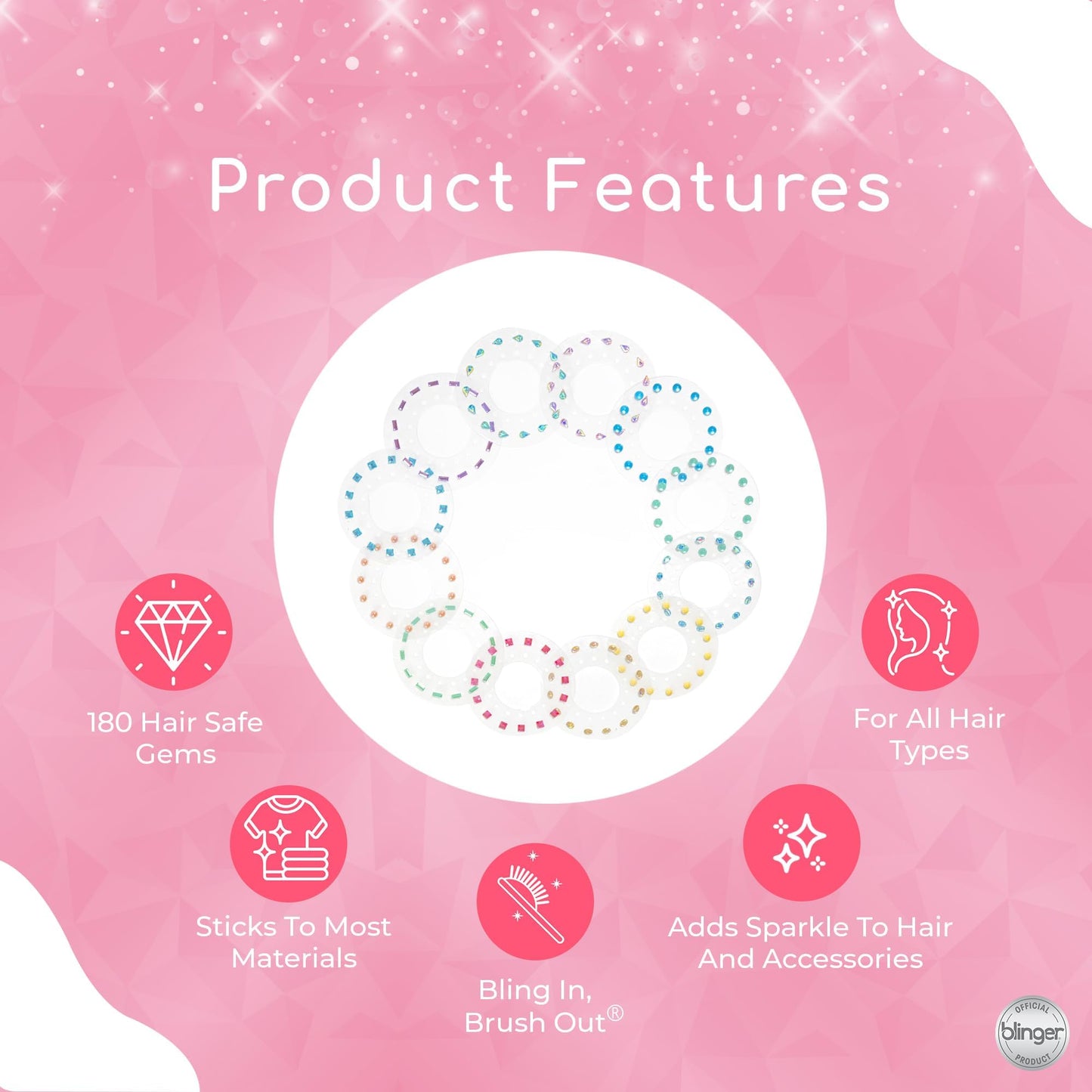 blinger Glimmer Collection Refill Pack | Birthday Party | 12 Discs – 180 Gems | Bling in Brush Out | Works with blinger Hair Styling Tool (Multicolored)