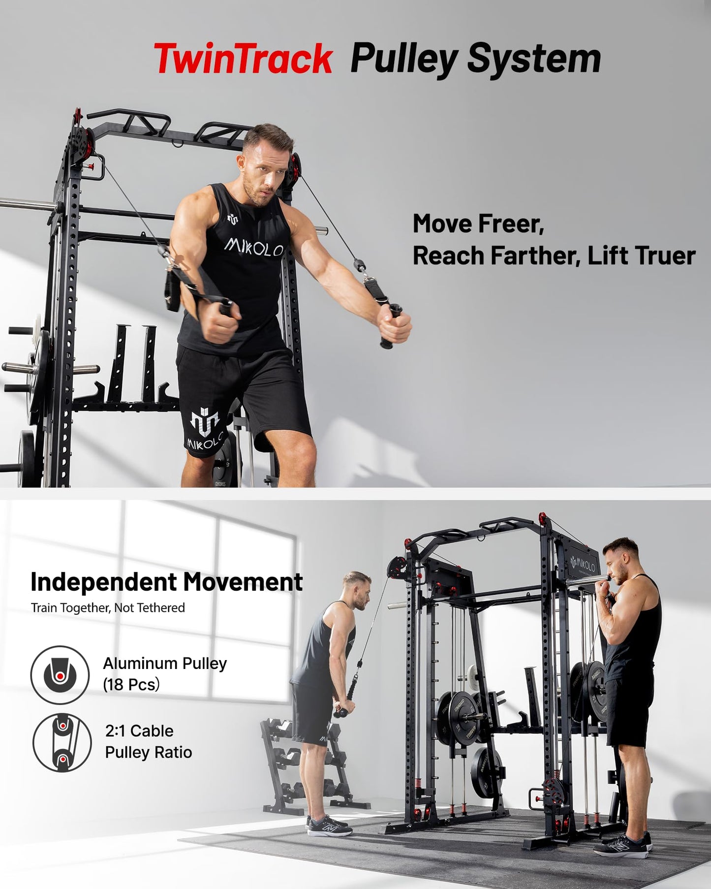 Mikolo M4 2.0 Ultra Smith Machine, Multi-Function Squat Rack with LAT-Pull Down System & Cable Crossover Machine, Training Equipment with Leg Hold-Down Attachment, Black