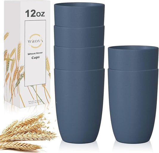 Wrova Wheat Straw Cups 6 PCS Good Alternative to Plastic Reusable Cups 12 oz Unbreakable Drinking Cup Reusable Dishwasher Safe Water Plastic Glasses Navy Blue