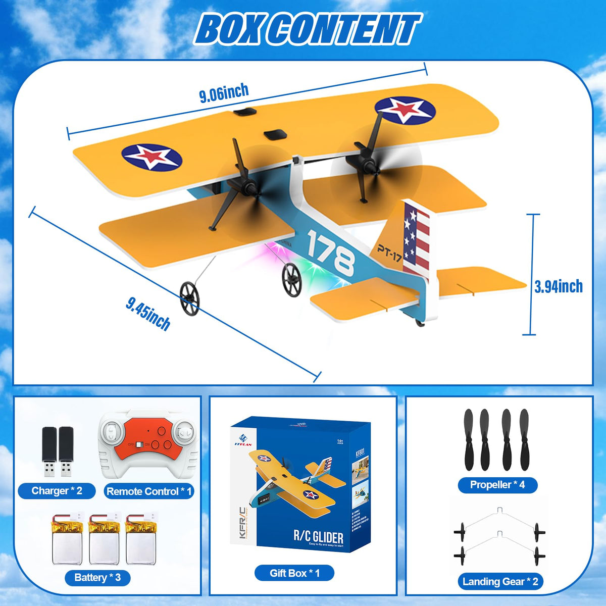 Toileum RC Plane, 2.4Ghz Remote Control Airplane with 3 Batteries & 6-axis Gyro Stabilizer, 2 Channel RTF PT-17 RC Toy, Easy to Fly for Beginners Kids Boys Girls Adults (Yellow)