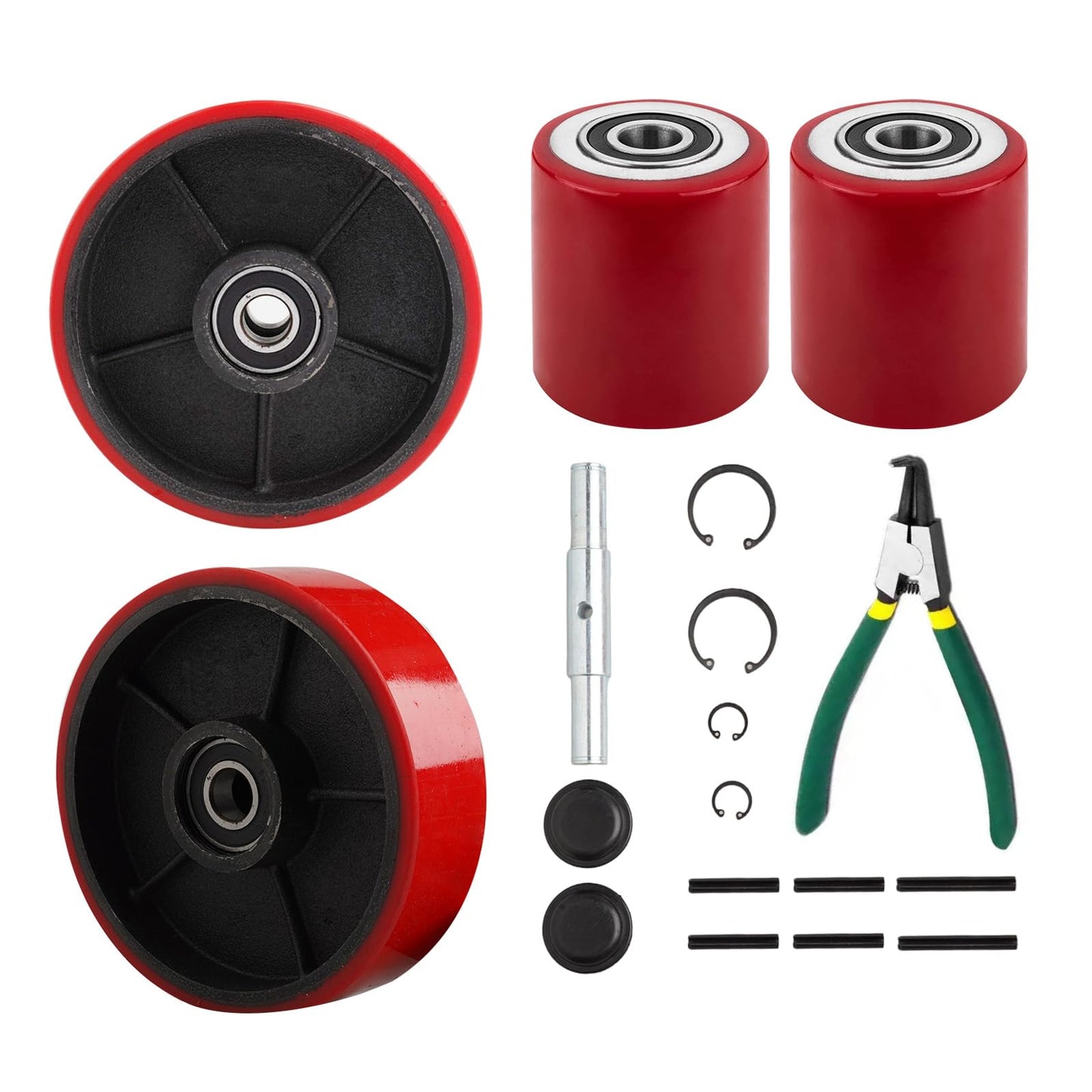 Pallet Jack Wheels Replacement Kit - Complete Set with 7" x 2" Steer & 3" x 3.75" Load Rollers - Heavy Duty Polyurethane Non-Marring Tires with Bearings & Axles for Standard Hand Trucks