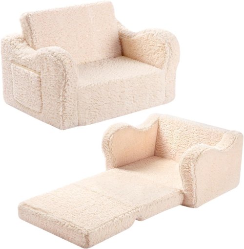 MOMCAYWEX Kids Sofa - 2-in-1 Flip-Out Foam Couch with Soft Sherpa Cover | Cozy Cream Lounge Chair
