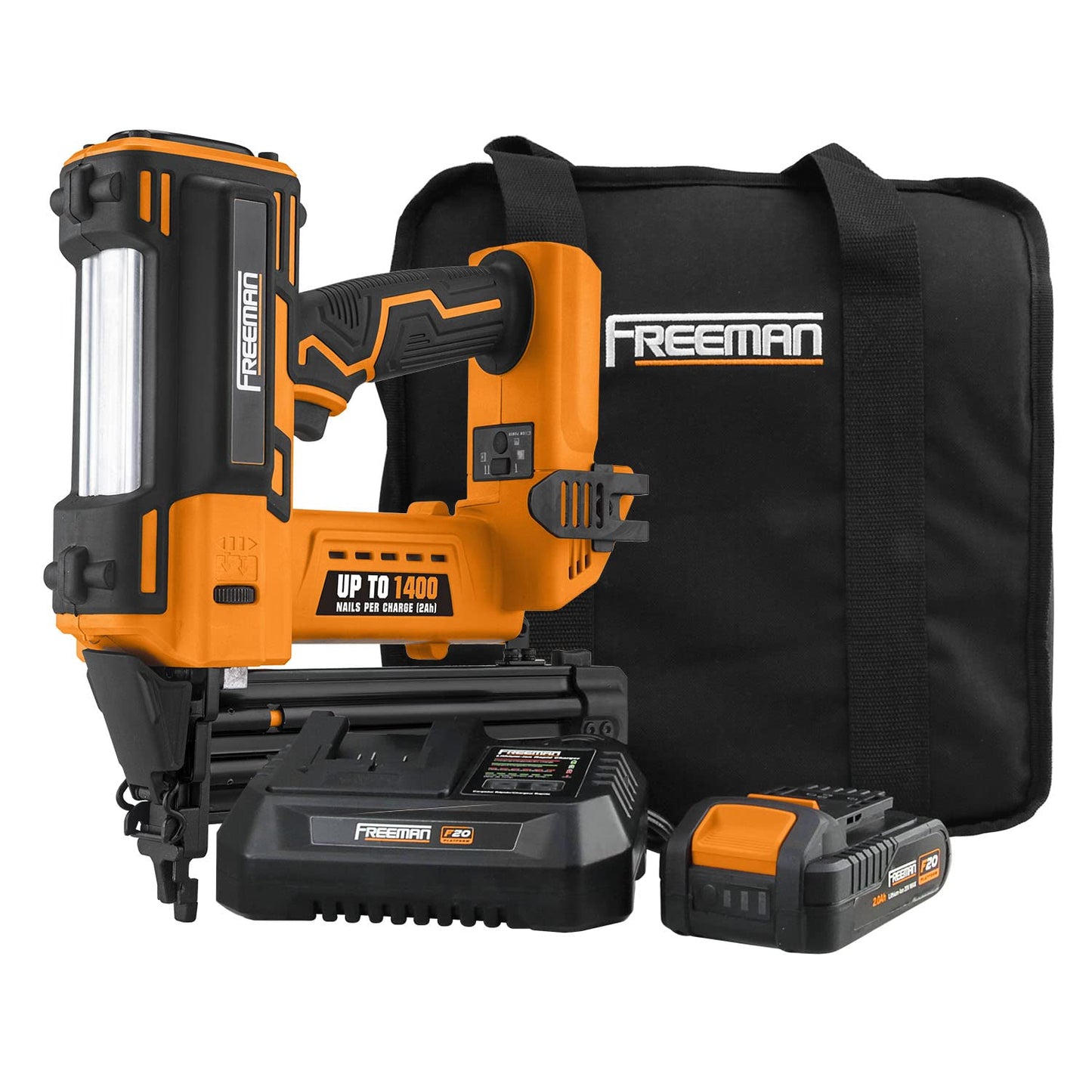 Freeman PE20VBR50 20 Volt Cordless 18-Gauge 2" Brad Nailer Kit with Lithium Ion Battery, Charger, Bag, and Nails (500 Count) – 1400 Shots per Charge