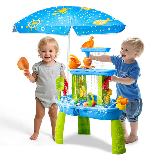 AuntyFey Water Table for Toddlers 1-3-5, Toddler Sand Table, Kids Water Table with Umbrella for Outside Kids Ages 4-8, Blue