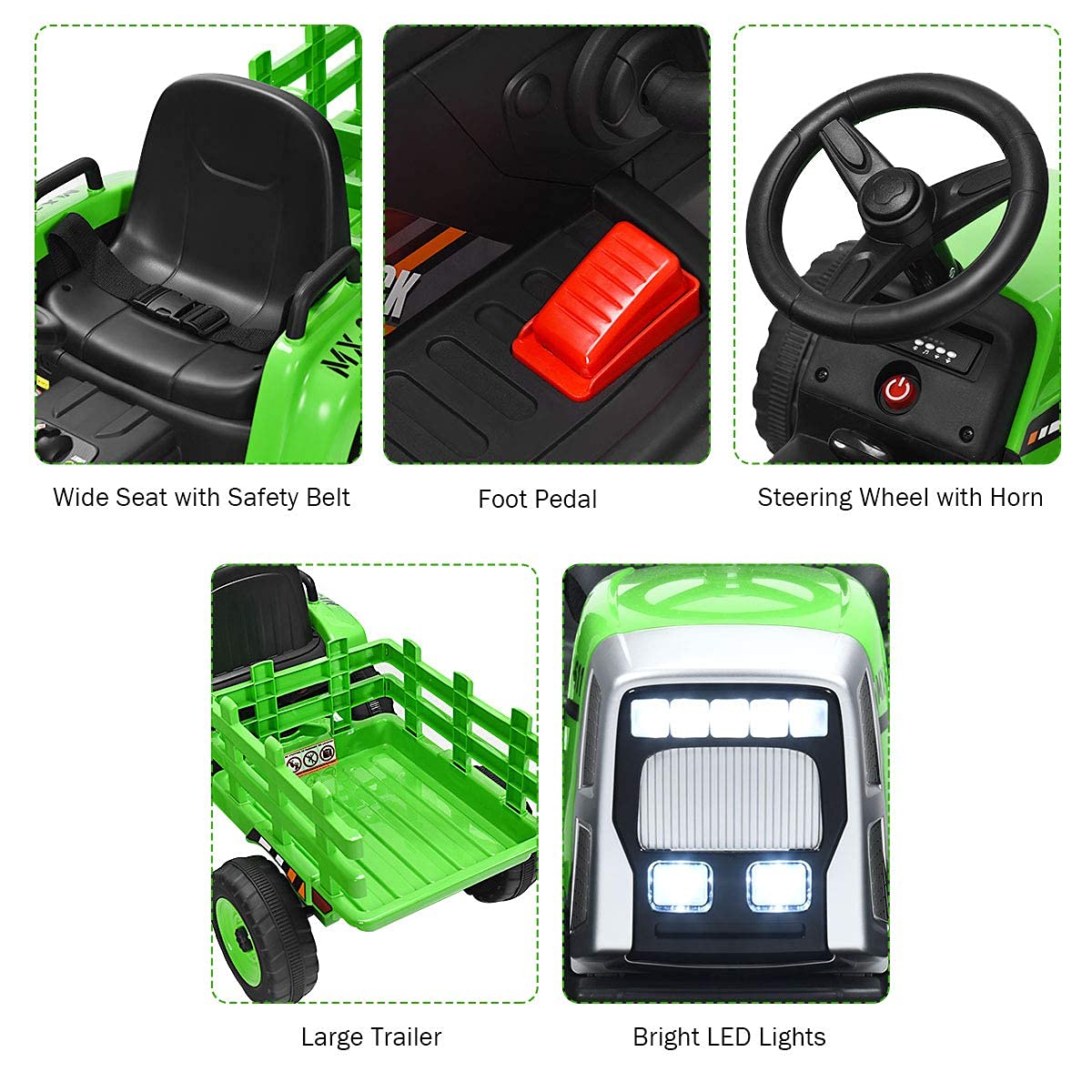Costzon Ride on Tractor with Detachable Trailer, Kids' Electric Vehicles w/3-Gear-Shift Ground Loader, Wireless Design & USB, 7 LED Headlights, Remote Control Tractor Toy for Kids 3+ (12V, Green)