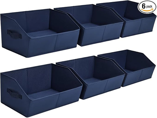 Homsorout Clothes Organizers and Storage - Fabric Storage Bins with Handles, Storage Baskets for Organizing, Trapezoid Storage Cubes for Blankets, Towels, Office, 6 Pack, Navy Blue