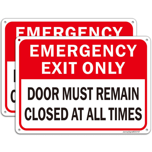 2 Pack Emergency Exit Only - Door Must Remain Closed at All Times Sign, 10"x7" Rust Free Reflective Aluminum, Weather & Fade Resistant, UV Protected, Easy Mounting