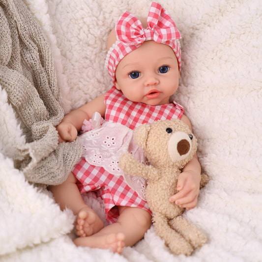 BABESIDE 16 Inch Silicone Baby Doll Realistic Newborn Girl Reborn Doll with Pink Gingham Outfit, Full Body Platinum Silicone Lifelike Baby Gift for Kids 3+ & Collectors