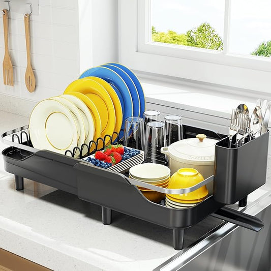 Urackify Dish Drying Rack for Kitchen Counter, Expandable Stainless Steel Dish Racks with Adjustable Water Spout, Space Saving Dish Drainer with Cutlery Holder,16.14"-23.62" L x 12.99" x 8.78",Black