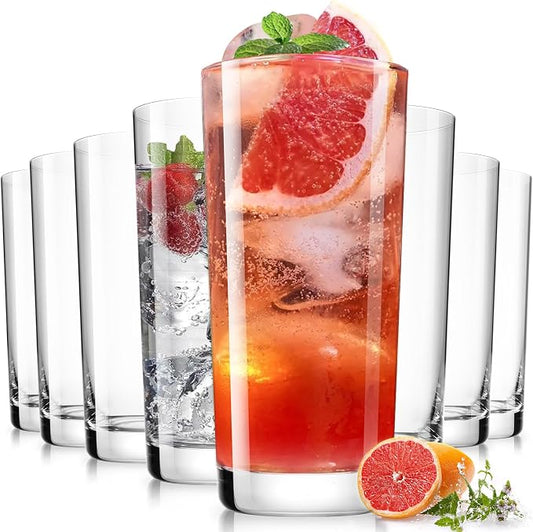 LUNA & MANTHA Drinking Water Glasses Set, Lead-Free Crystal Highball Glass, Tall Glass Cups for Cocktail Parties,Clear set of 8,16oz
