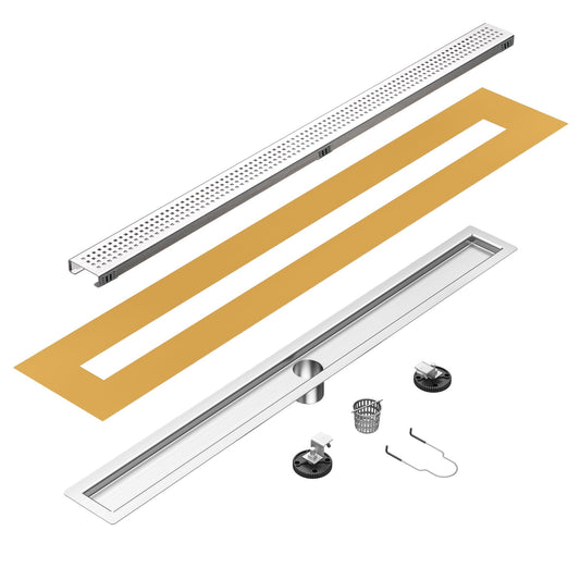 36 inch Linear Shower Drain with Square Hole Pattern Grate Cover, Brushed 304 Stainless Steel Bonding Flange Linear Drain, Low Profile Linear Shower Drain with Hair Strainer