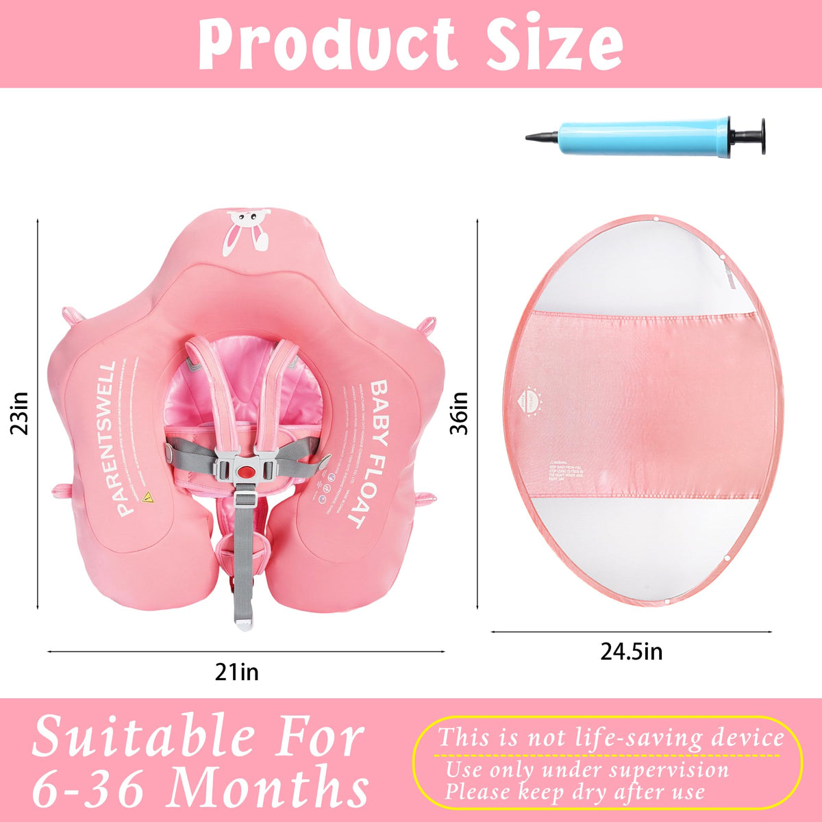 Baby Pool Float with Canopy UPF50+ Sun Protection, Soft Fabric-Covered Baby Floats with Safety Seat, No Flip Over Baby floatie for Age 6-36 Months, Infant Pool Float for Toddler Boys and Girls
