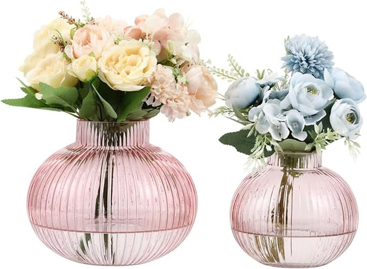 Pink Glass Vases for Tulips, Set of 2, Flower Vases for Bouquet, Ribbed Glass Vase for Flowers, Short Vase for Living Room, Office, Coffee Table, Shelf, Wedding
