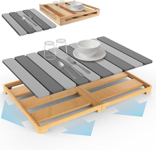 ArtyCozy Extra Large Rollable Stone Drying Mat with Foldable Bamboo Dish Drying Rack for Kitchen Counter, Super Absorbent Diatomaceous Earth and Quick Drying Rack, 27"×17", Dark and Light Grey