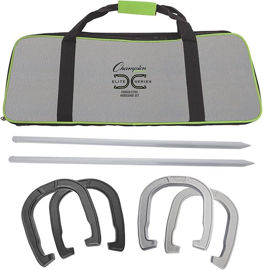 Champion Sports Horseshoe Set: Traditional Outdoor Lawn Game includes Four Professional Solid Steel Horseshoes with Solid Steel Stakes & Carrying Storage Case