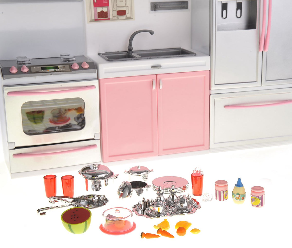 PowerTRC Doll Kitchen Play Set, Mini Modern Toy Pink Kitchen Pretend Play Furnitures Toy Set Accessories Set with Realistic Light & Sound for Kids Toddlers Girls (3-in-1)