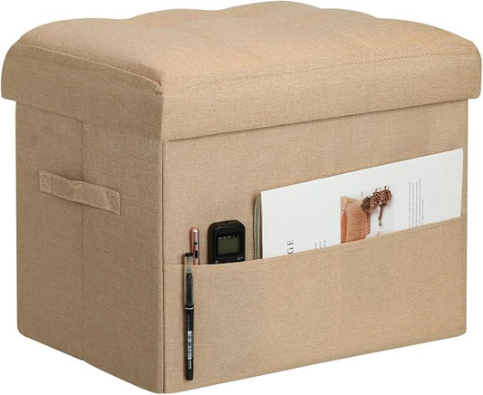BelugaHelper Ottoman with Storage, Small Storage Ottoman Foot Rest with Thicker Foam Padded Seat. Foldable Linen Cloth Foot Stool for Living Room Bedroom, Holds Up to 300 lbs, 17x13x13IN(Beige)