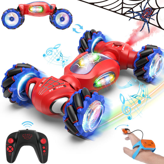Fosgoit Spider Remote Control Car Toys for 6-12 Boys Girls, Birthday Gifts for Kids, 2.4Ghz 4WD Gesture Sensing RC Stunt Car with Light & Music & Spray, Double-Sided 360° Rotating Hand Control